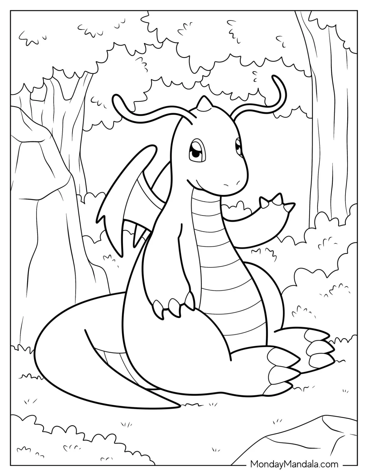 Dragonite Coloring Page Waving In The Forest coloring page