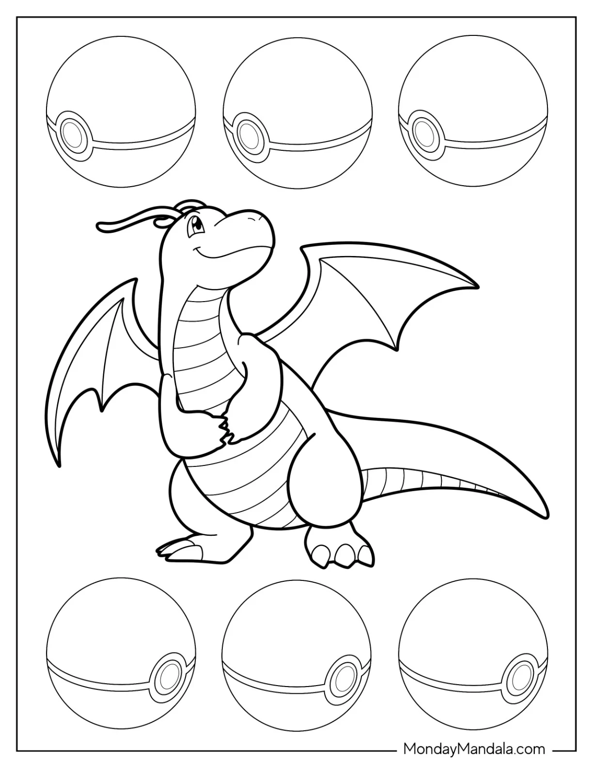 Easy Dragonite Coloring Page Outline With Pokeballs For Kids coloring page