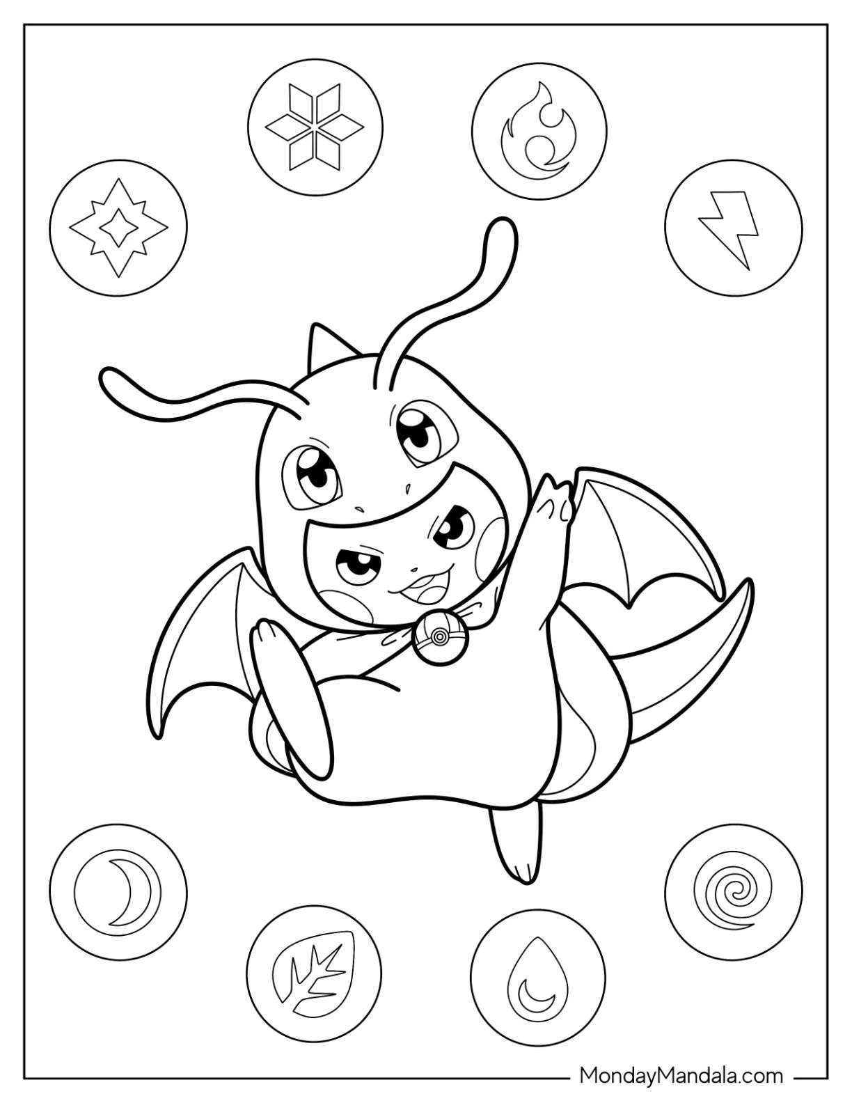 Kawaii Pikachu Dressed As Dragonite Coloring Page For Kids coloring page