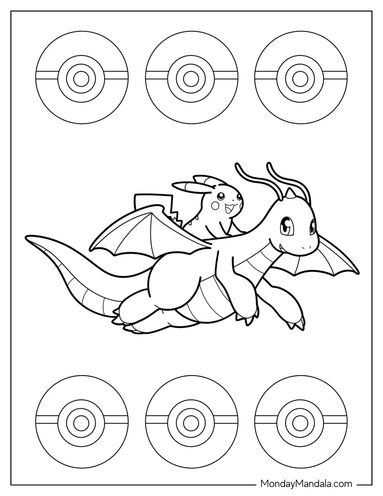 Pikachu Riding On Dragonite Coloring Page Back coloring page