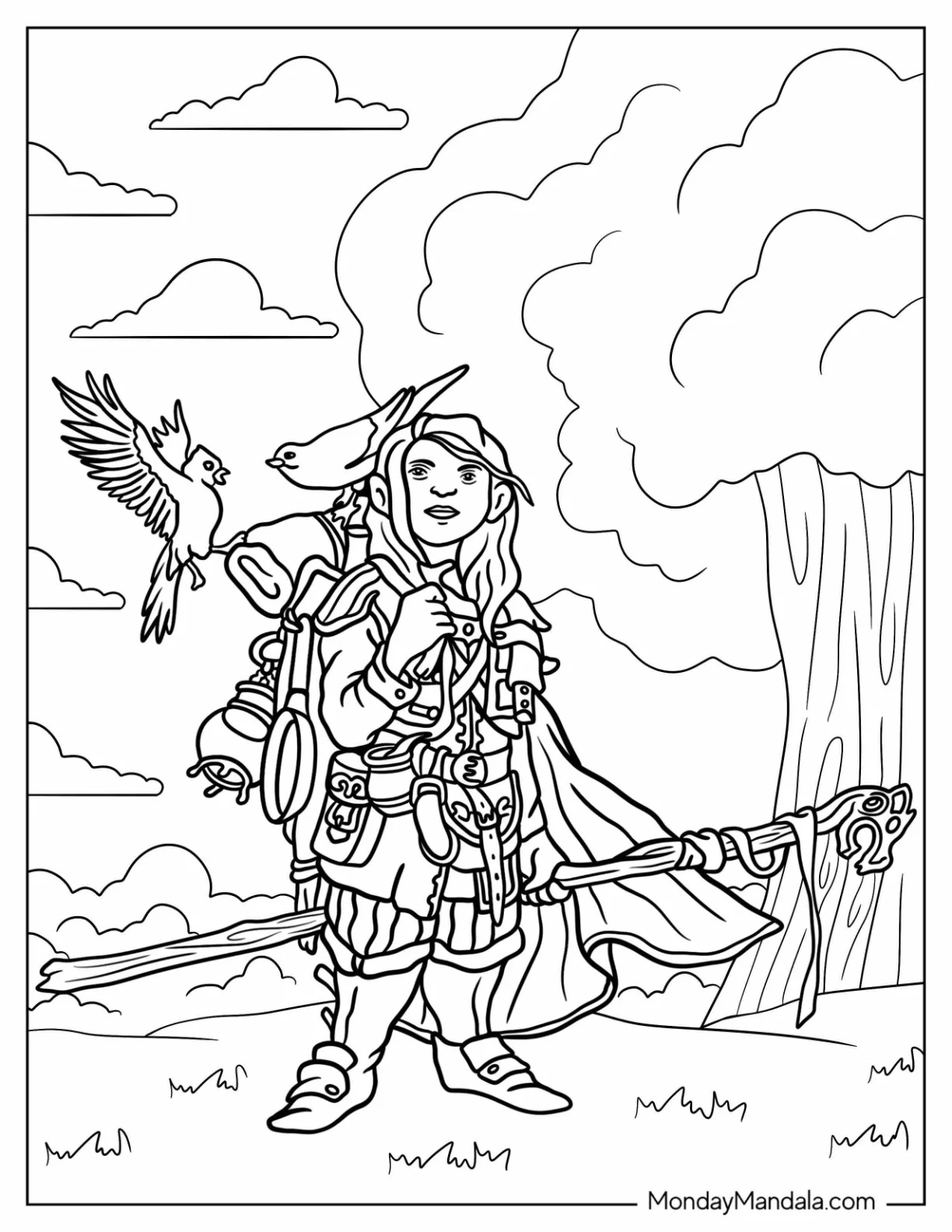 Detailed Druid In The Forest Dungeons And Dragons Coloring Page coloring page
