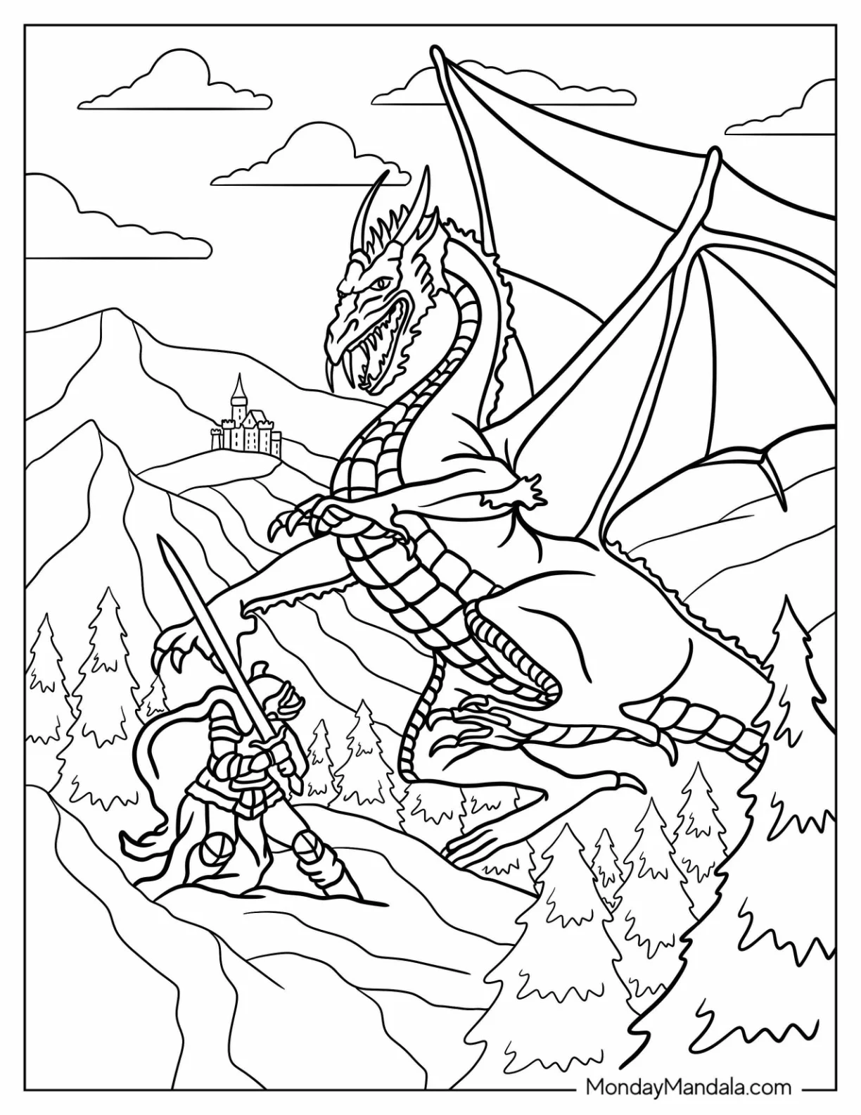 Dungeons And Dragons Coloring Page Of Fighter Against Massive Dragon coloring page