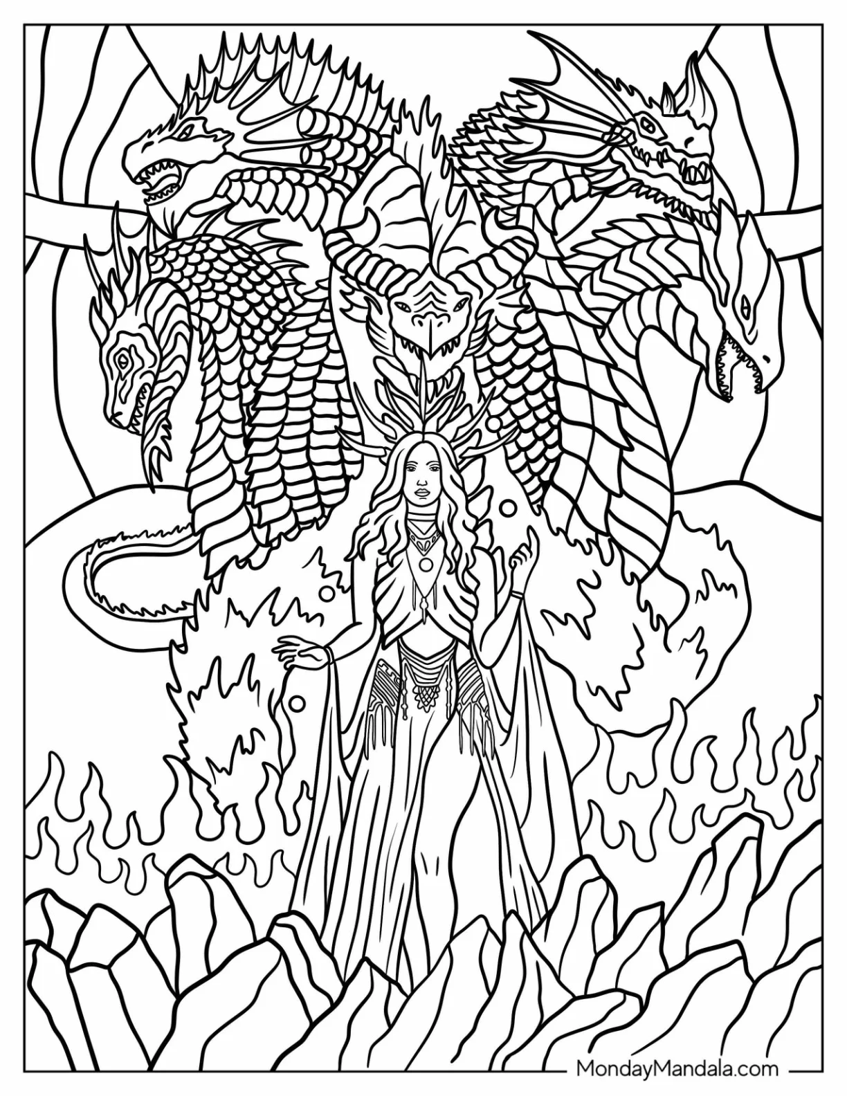 Dungeons And Dragons Coloring Page Of Goddess Tiamat With Five Headed Dragon coloring page