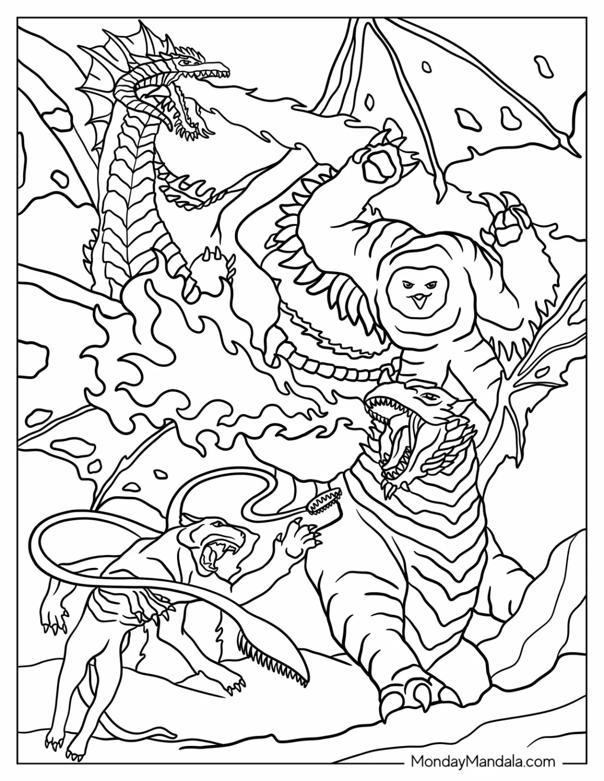 Dungeons And Dragons Coloring Page Of Owl Bear, Black Dragon, Displacer Beast, And Themberchaud coloring page