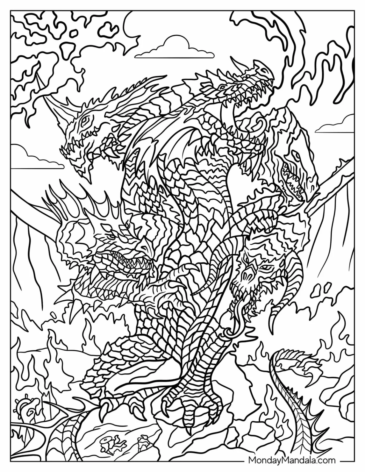 Dungeons And Dragons Coloring Page Of Realistic Tiamat Dragon Breathing Fire coloring page
