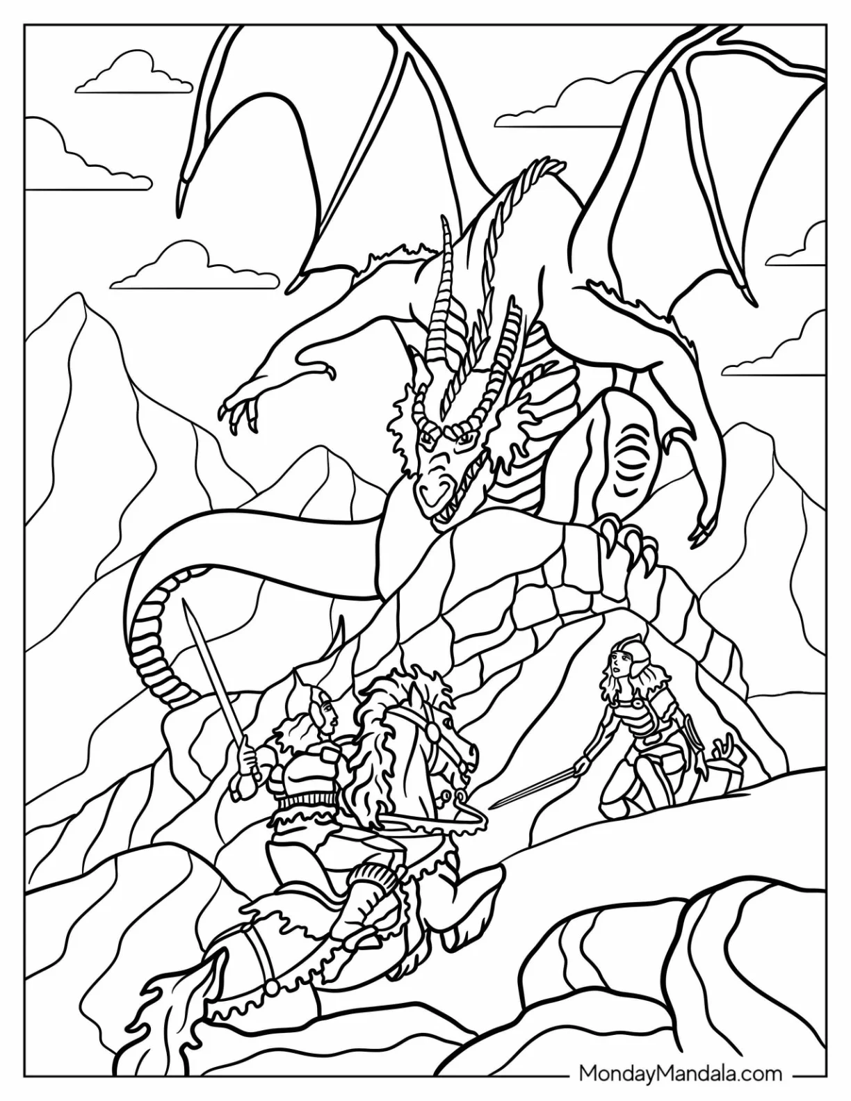 Dungeons And Dragons Coloring Page Of Two Fighters Battling A Dragon coloring page