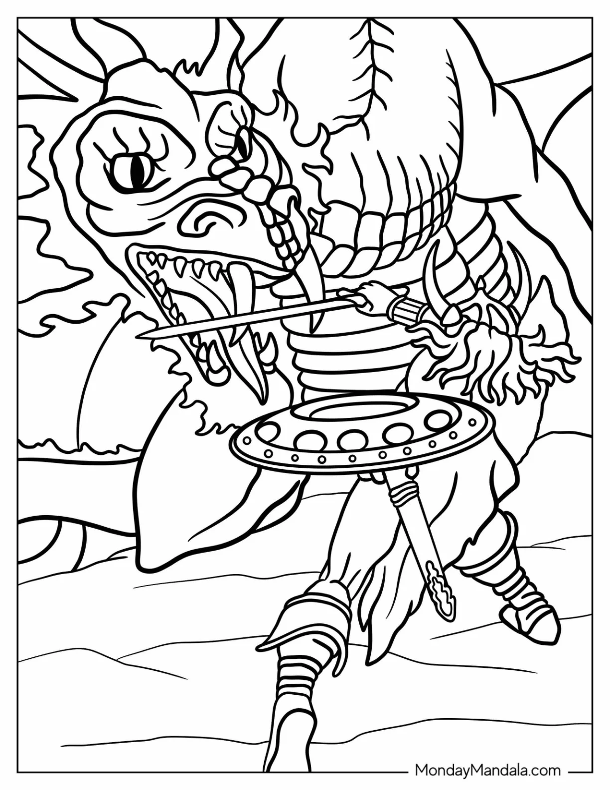 Dungeons And Dragons Coloring Page Of Warrior Fighting Dragon coloring page