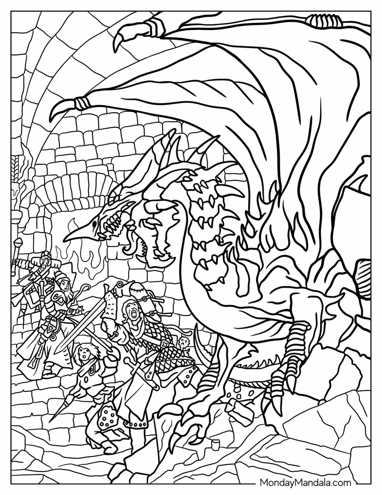 Dungeons And Dragons Coloring Page Of Wizard, Druid, Fighter, And Ranger Against A Dragon coloring page