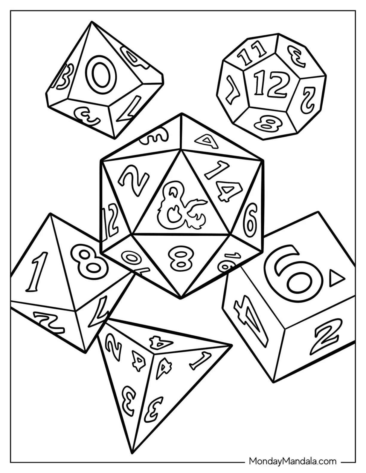 Simple Dungeons And Dragons Coloring Page Of Dice Set coloring page