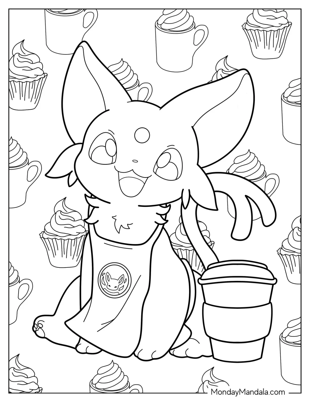 Cute Espeon Coloring Page In Apron With Coffee Cup For Kids coloring page