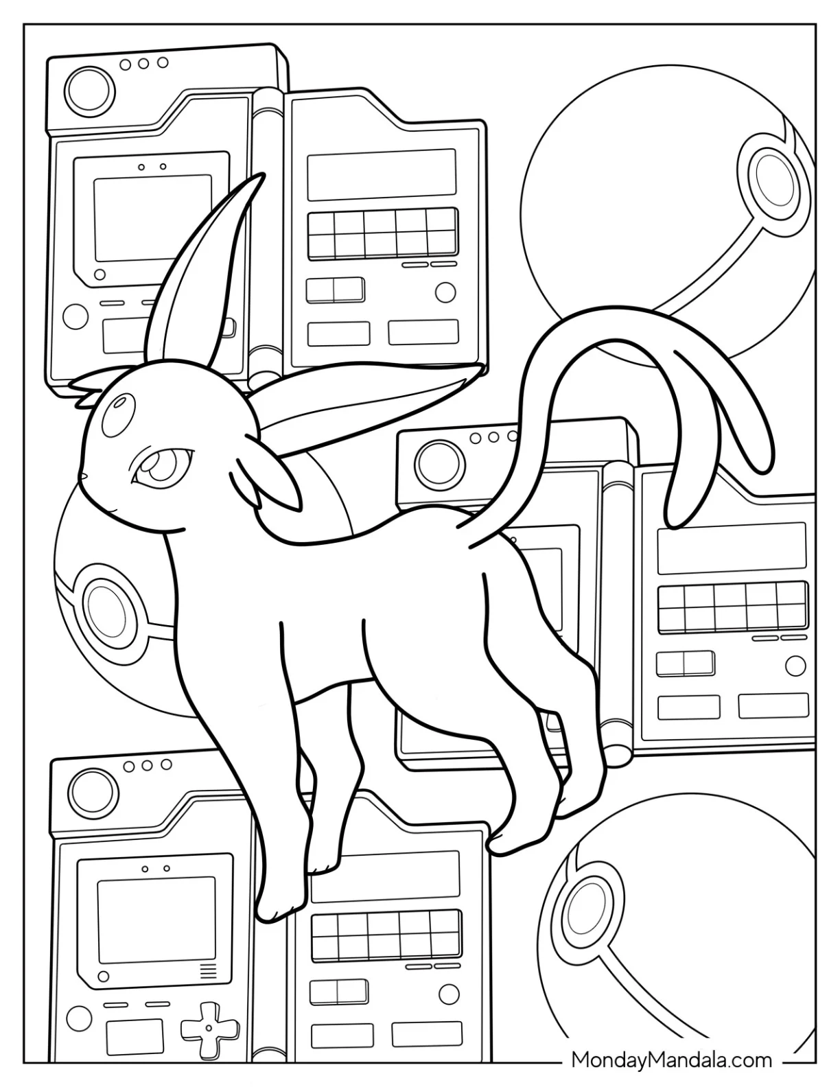 Espeon Coloring Page With Pokeball And Game Boy In The Background coloring page