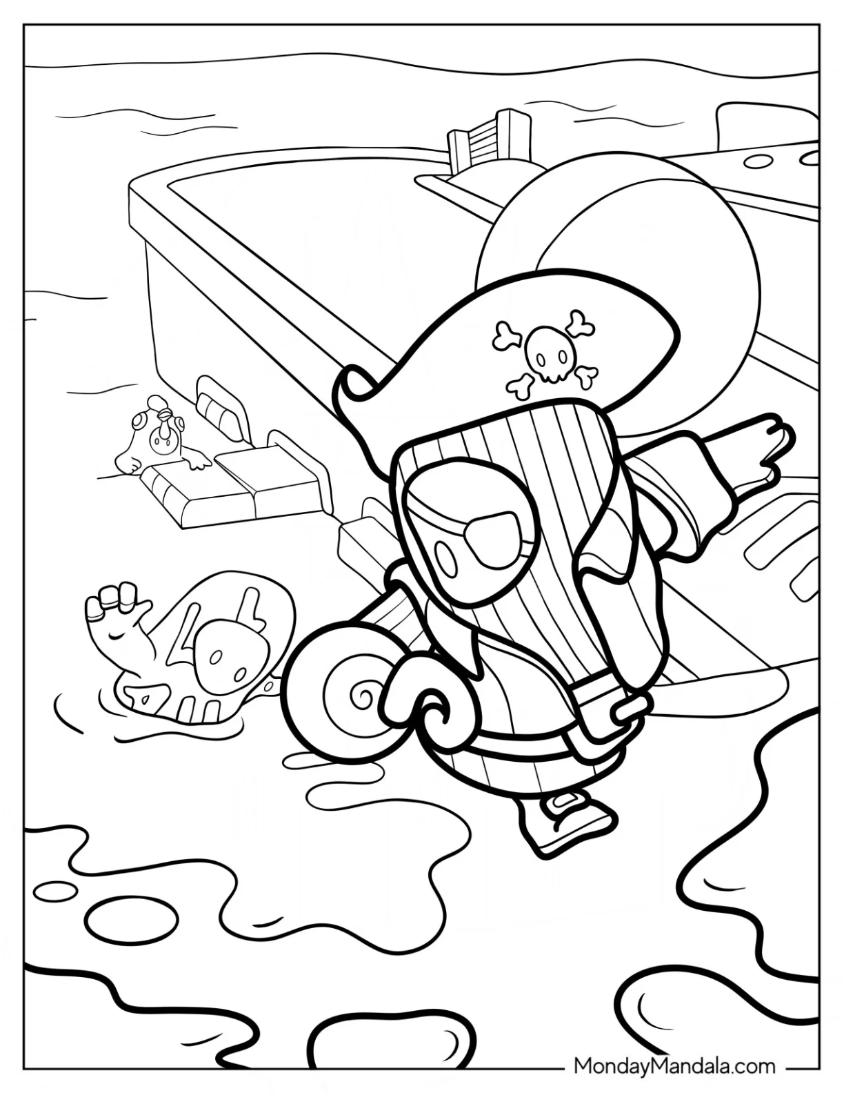 Fall Guys Coloring Page Of Bean In Pirate Costume Being Chased By Square Camo Skin Bean coloring page