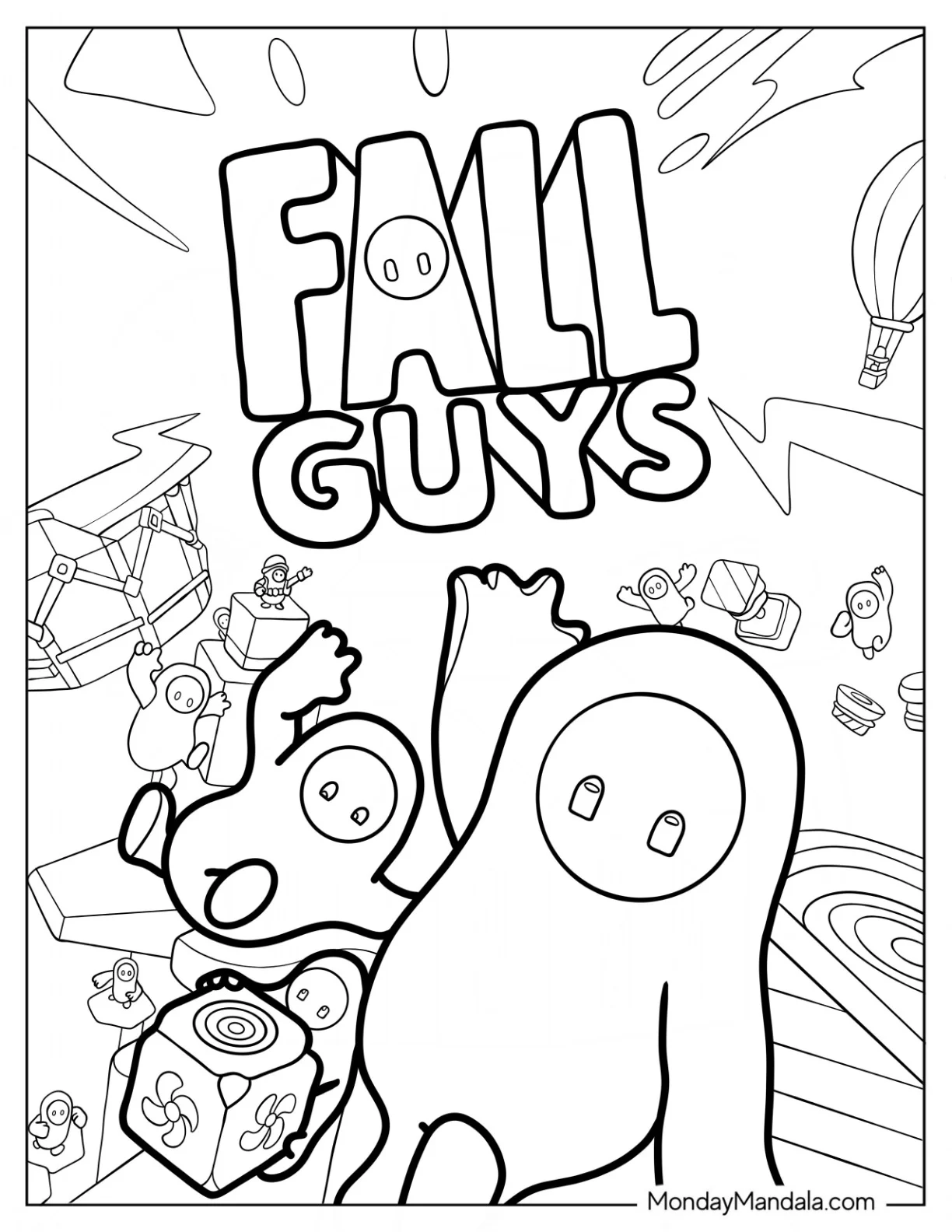 Fall Guys Coloring Page Of Logo With Beans Jumping Through Obstacles coloring page