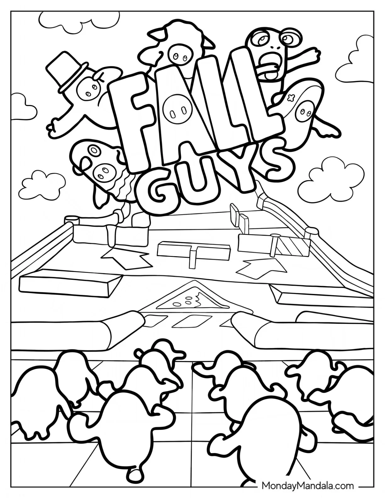 Fall Guys Coloring Page Of Logo With Different Skins coloring page