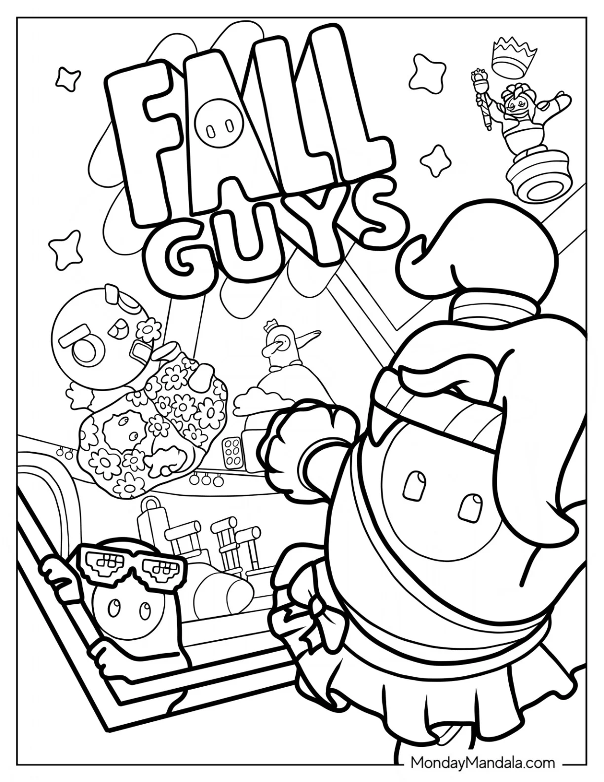 Fall Guys Coloring Page Of Posters With Cheerleader Skin coloring page