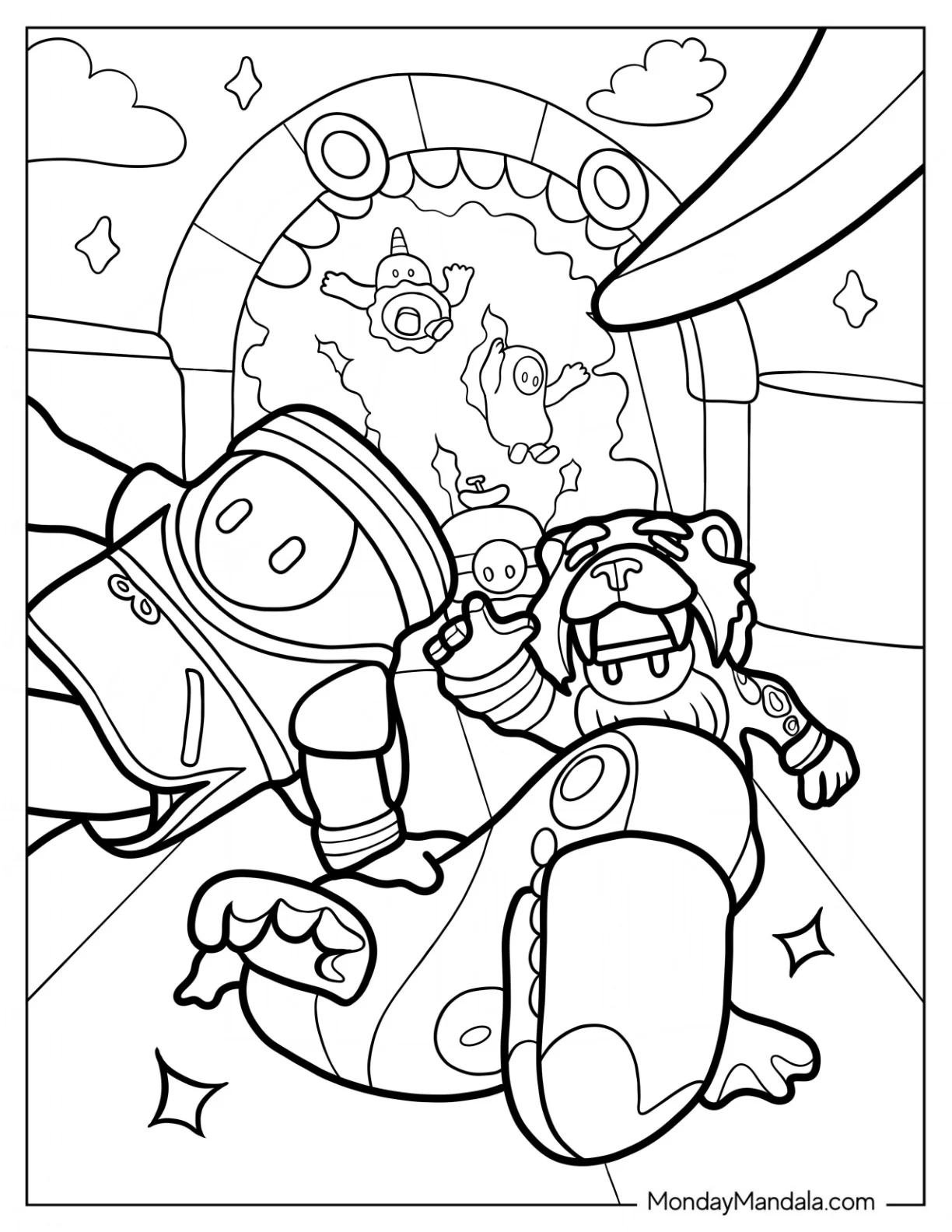 Fall Guys Coloring Page Of Rookie Bean, Toucan Bean, And Lion Bean Running coloring page