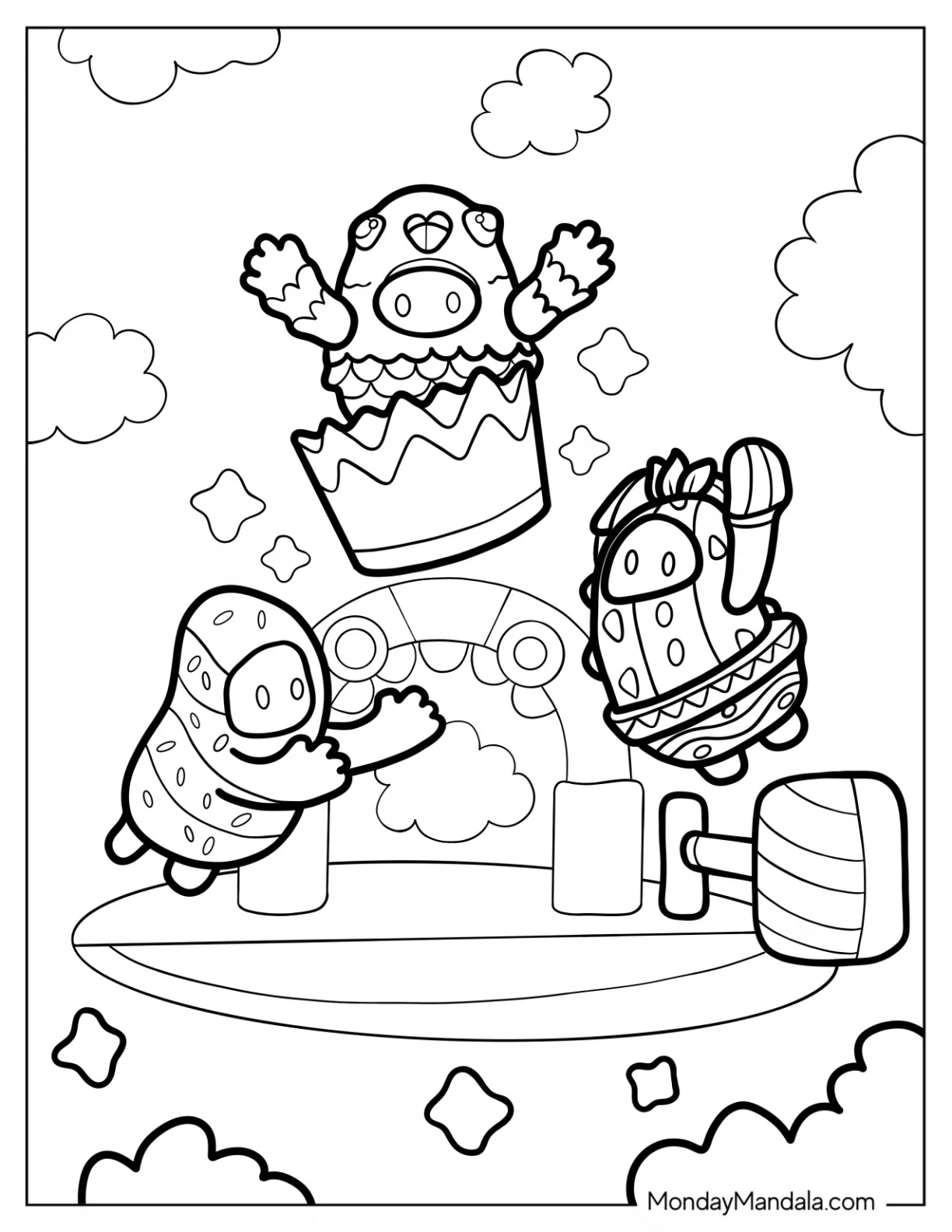 Fall Guys Coloring Page Of Three Beans In Pigeon, Cactus, And Ice Cream Pattern Skins coloring page