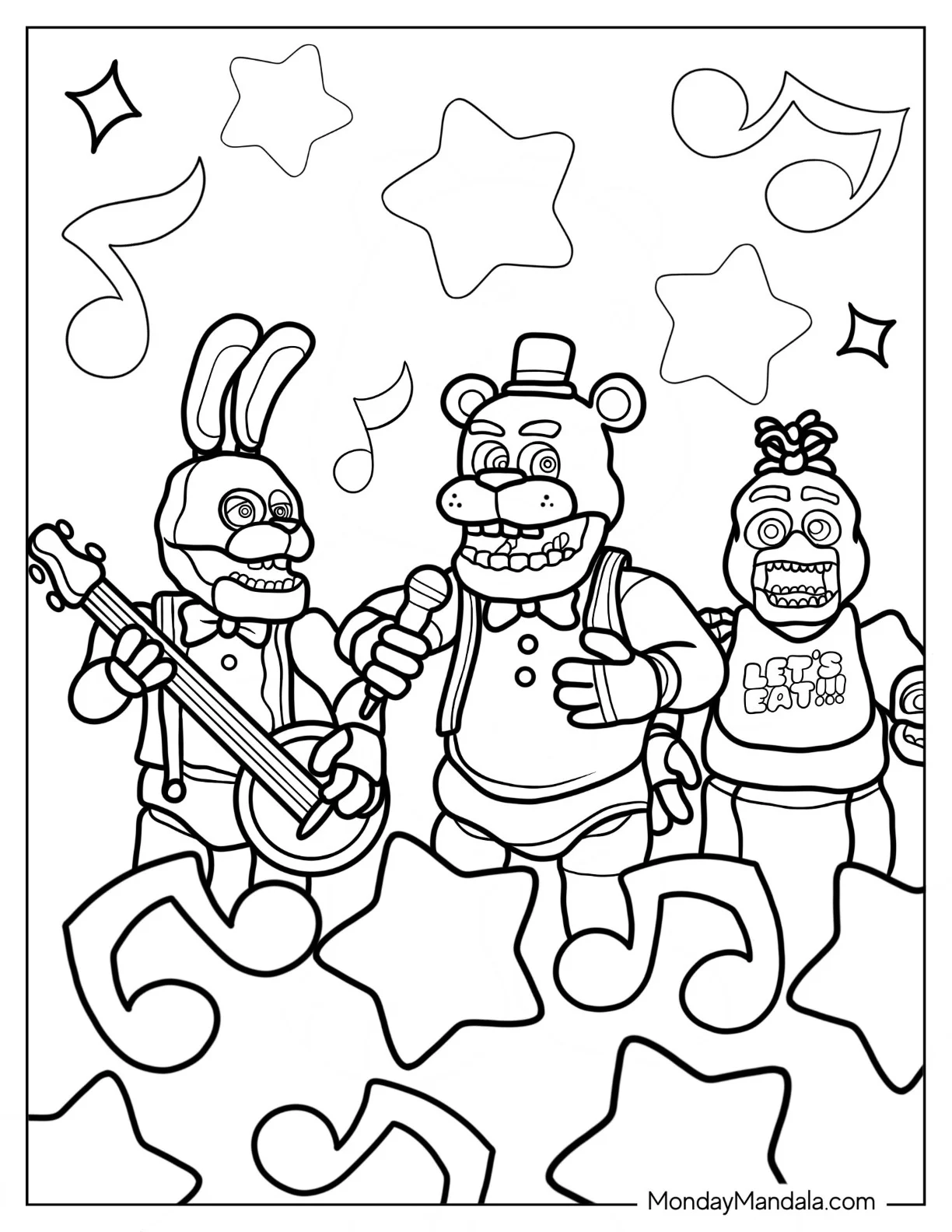 Five Nights At Freddy's Coloring Page Of Bonnie, Fazbear, And Chia In Band For Kids coloring page — printable line art