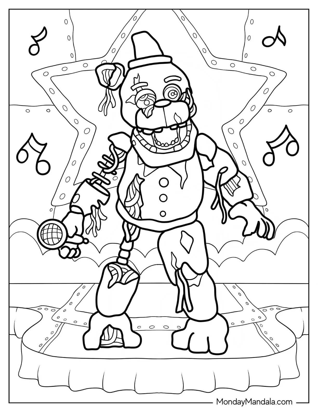 Five Nights At Freddy's Coloring Page Of Extra Withered Freddy Holding Microphone coloring page