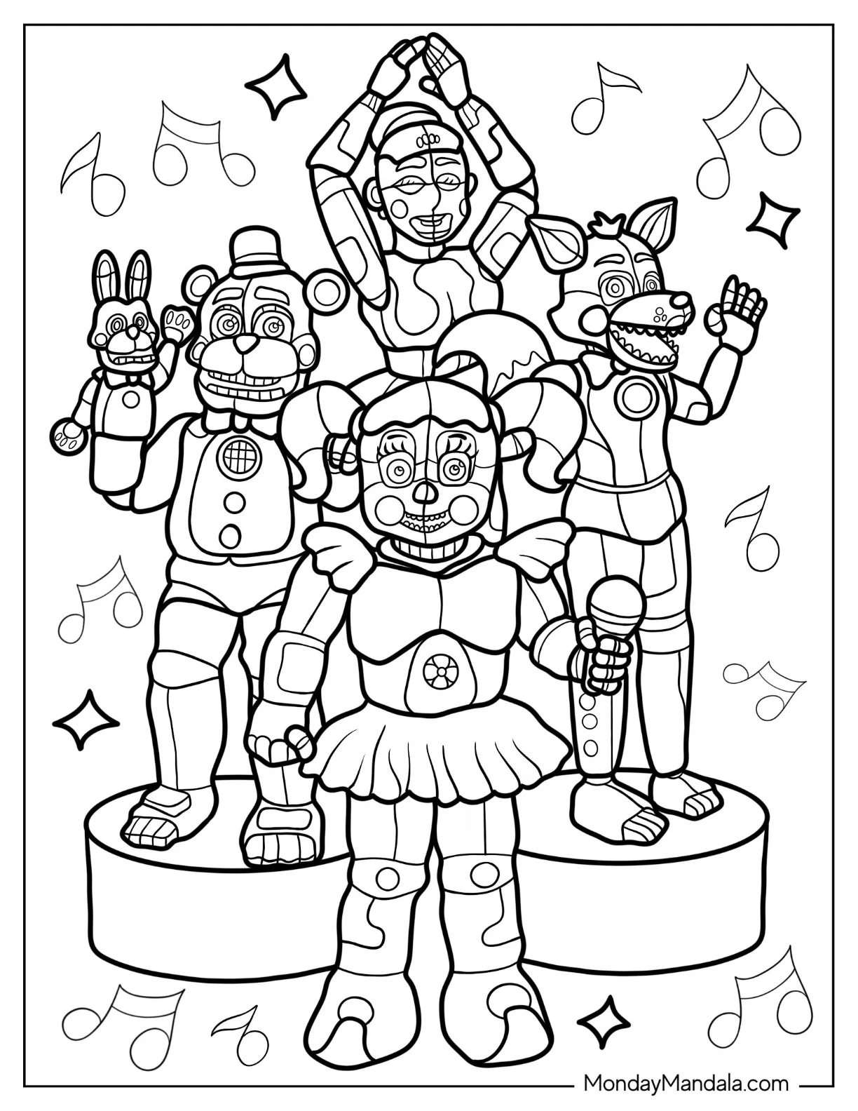 Five Nights At Freddy's Coloring Page Of Freddy Fazbear, Foxy, Ballora, And Circus Baby Performing coloring page — printable line art