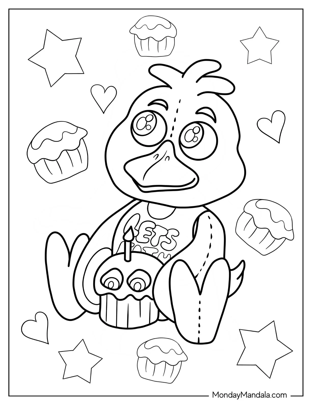 Five Nights At Freddy's Coloring Page Of Kawaii Chica With Cupcake coloring page