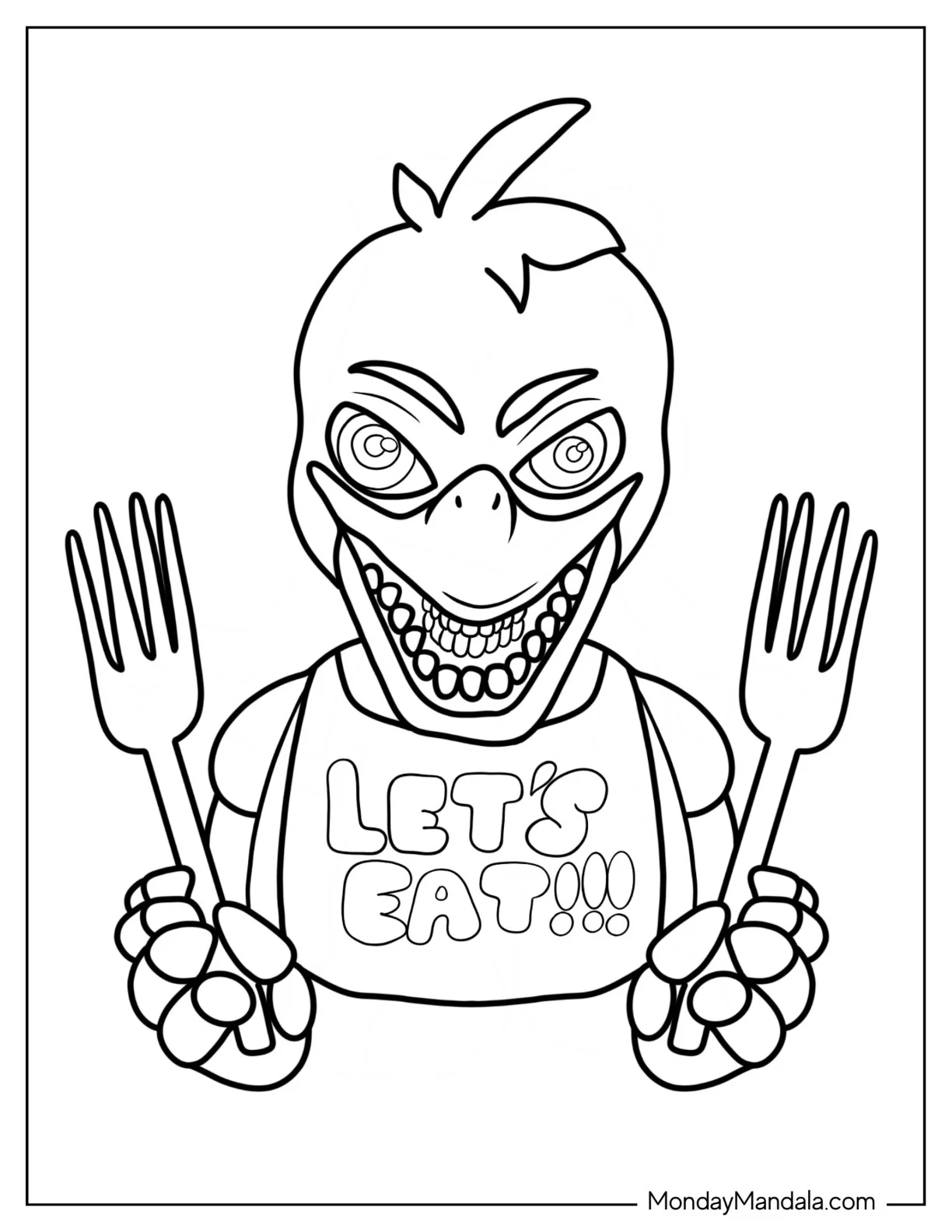 Five Nights At Freddy's Coloring Page Of Nightmare Chica Holding Forks coloring page