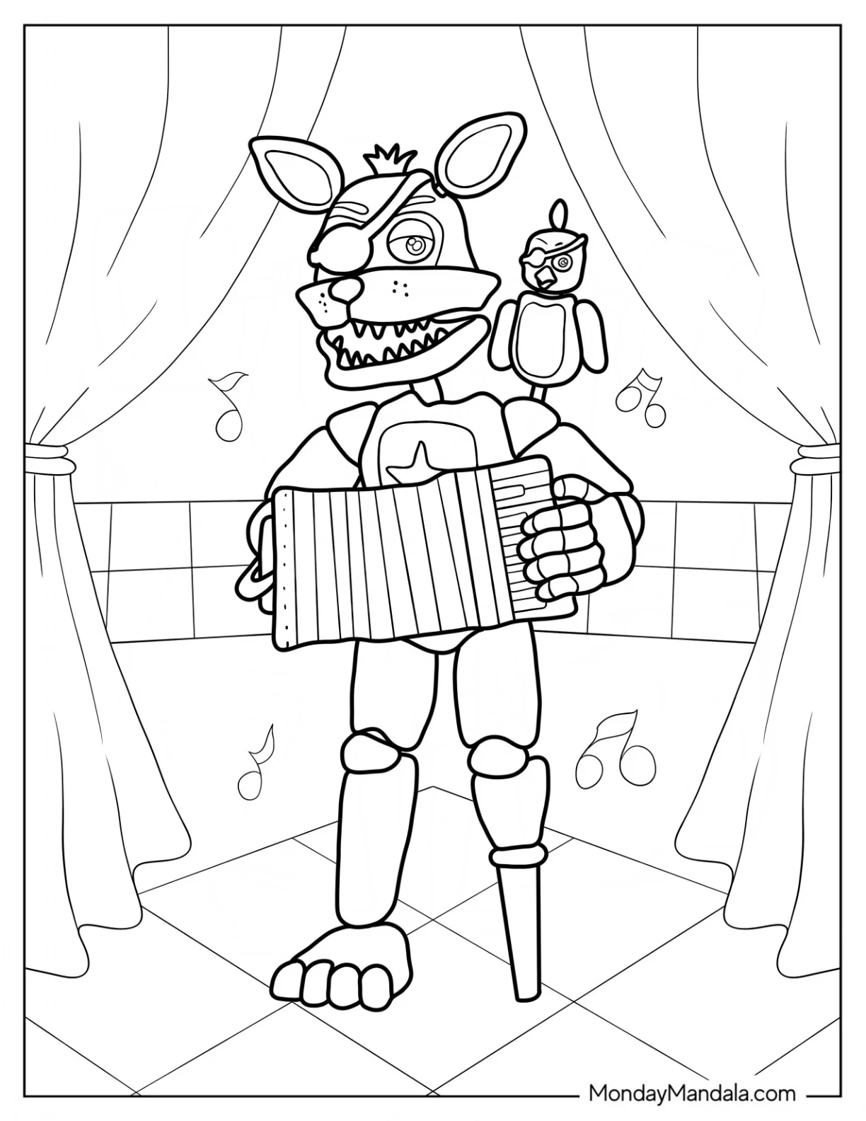 Five Nights At Freddy's Coloring Page Of Rockstar Foxy Playing The Accordion On Stage coloring page