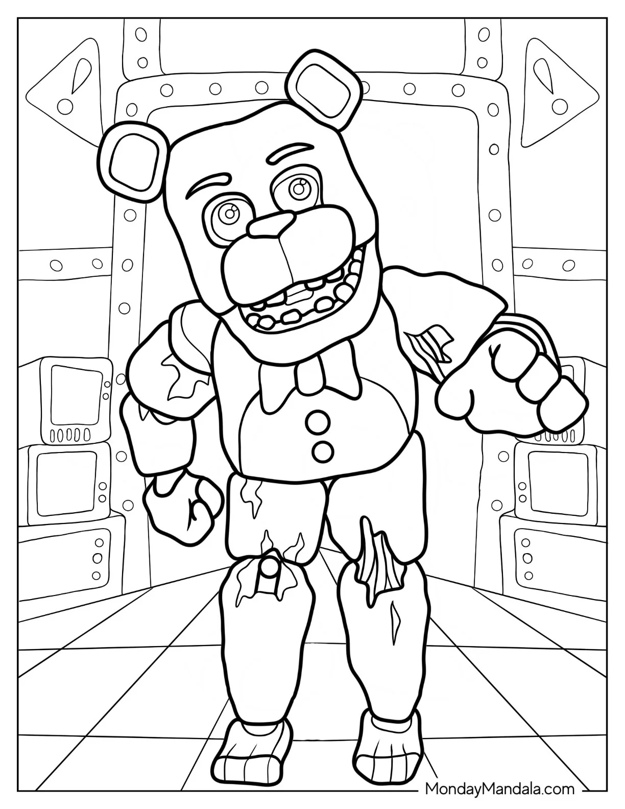 Five Nights At Freddy's Coloring Page Of Withered Freddy Reaching OuT coloring page