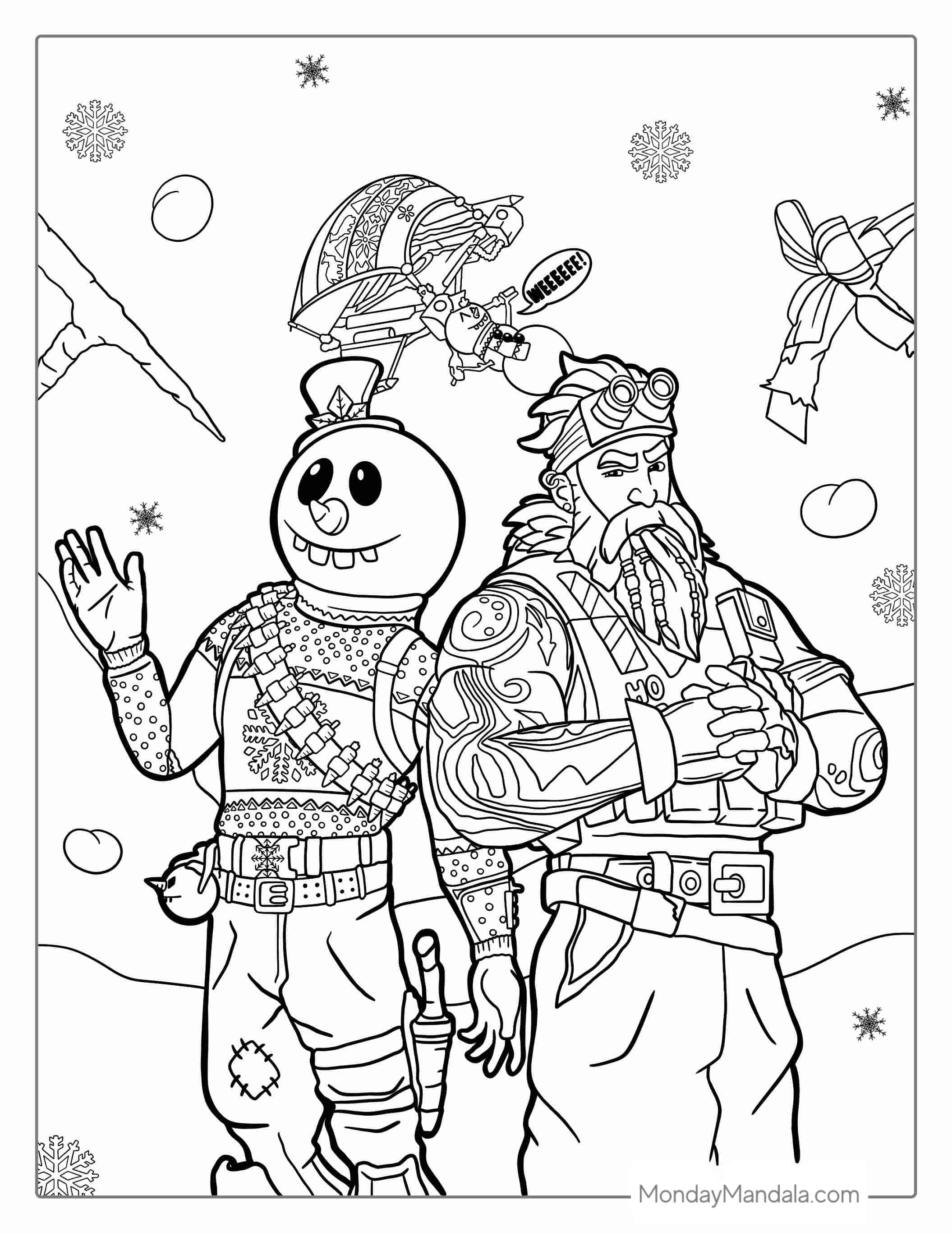 Fortnite Christmas Theme With Snowman And Santa coloring page — printable line art