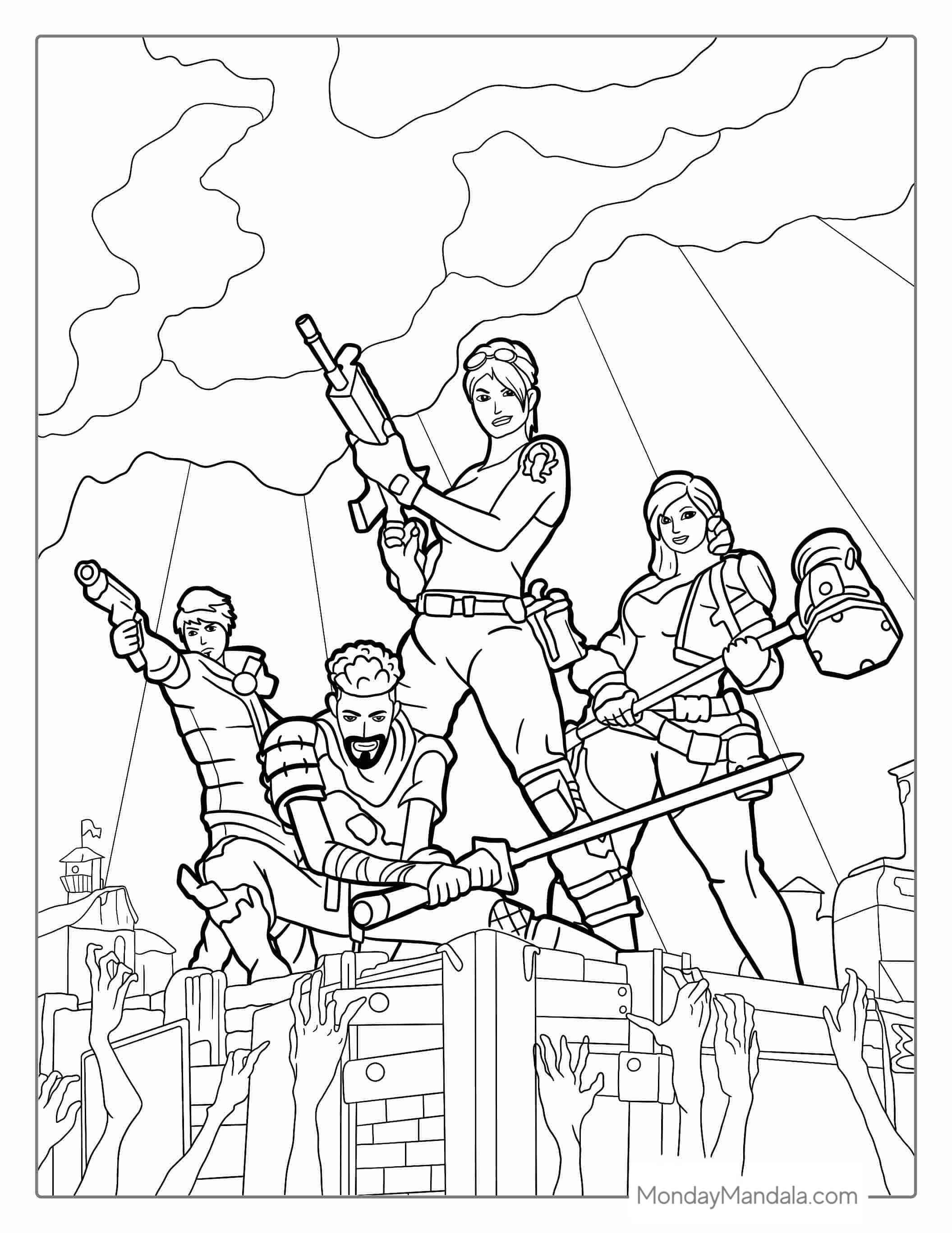Fortnite Fighting Zombies Coloring Page coloring page — printable line art