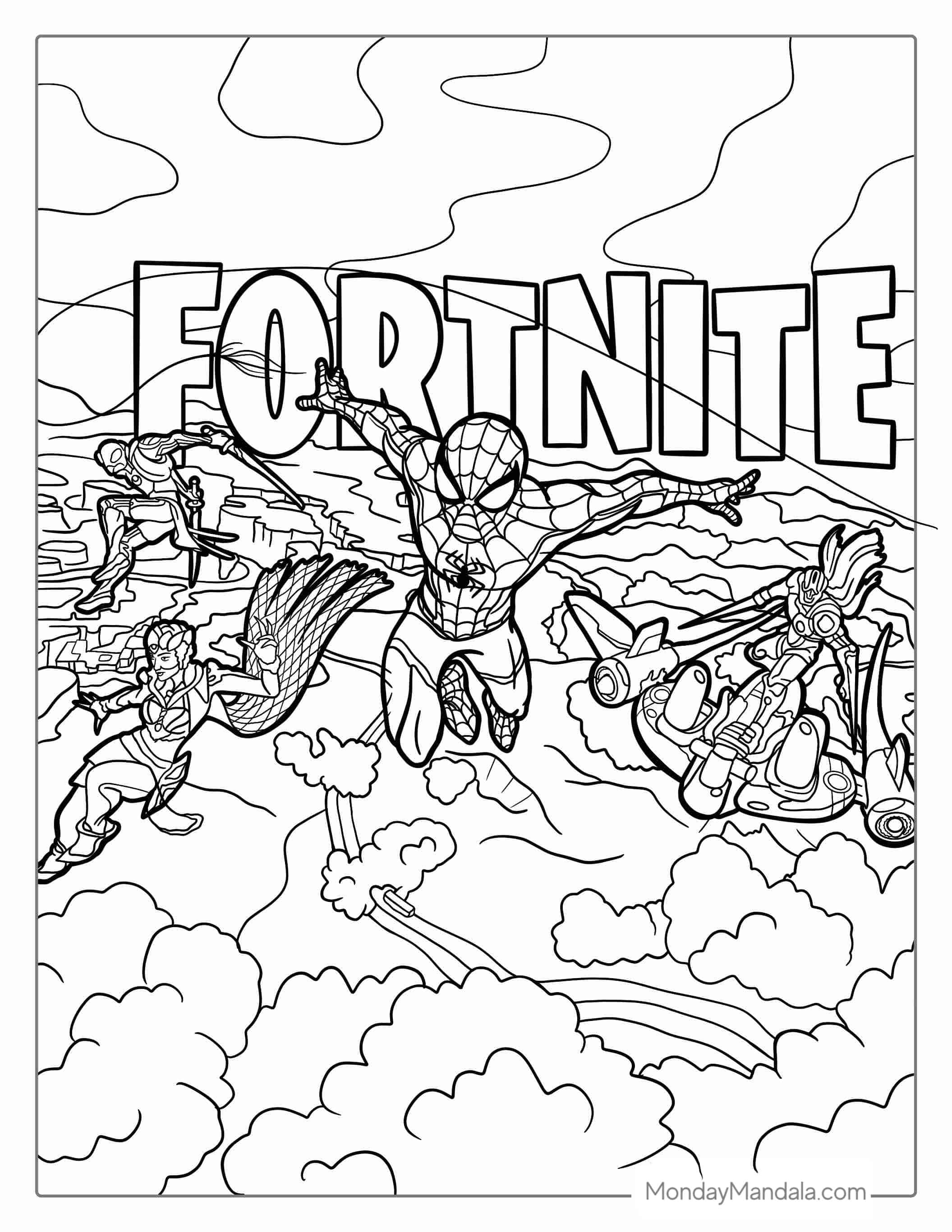 Spider Man Fortnite Skin With Logo coloring page — printable line art