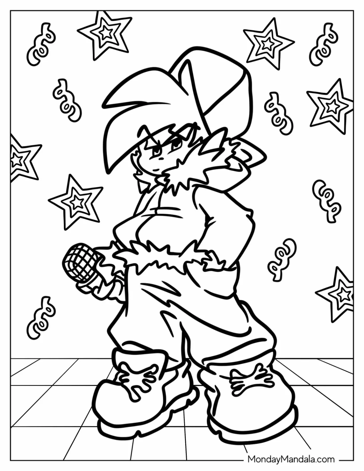 Friday Night Funkin' Coloring Pages Of Cool Boyfriend Holding Microphone coloring page