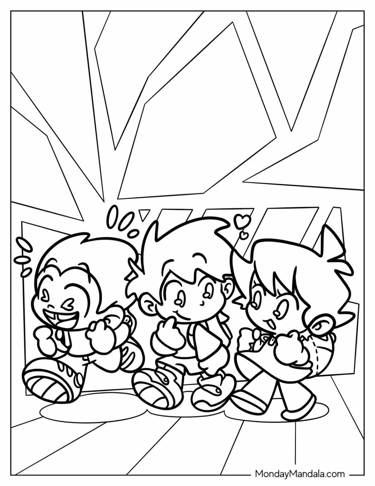 Friday Night Funkin' Coloring Pages Of Kawaii Boyfriend, Girlfriend, And Pico For Preschoolers coloring page