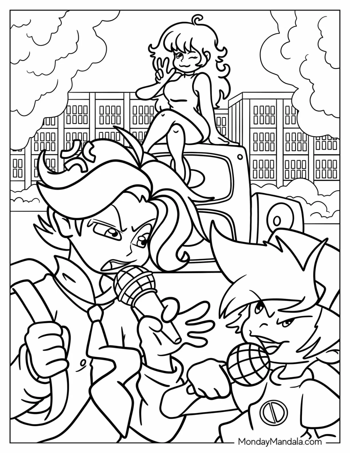 Senpai And Boyfriend Fighting With Girlfriend In The Background Friday Night Funkin Coloring Page coloring page