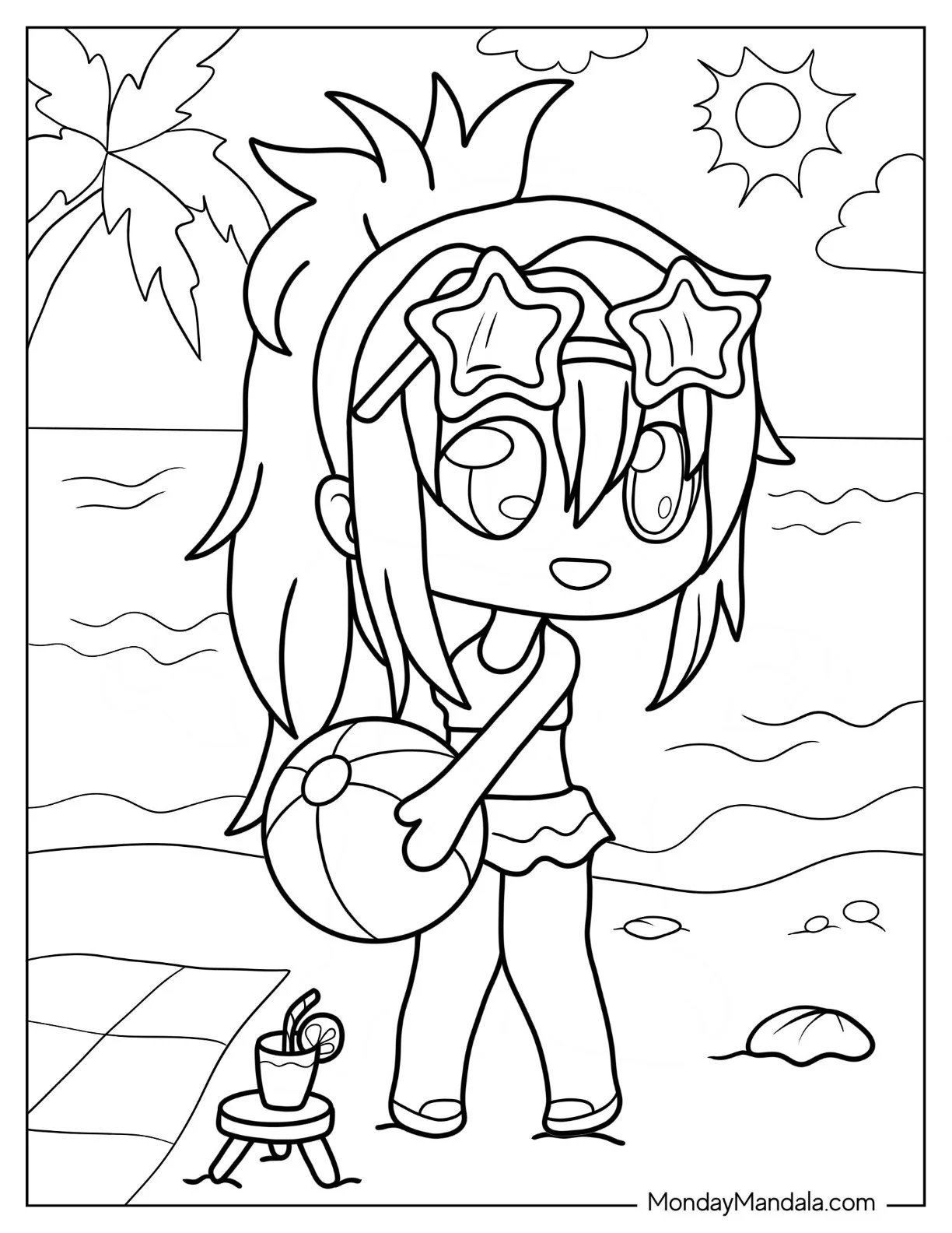 Gacha Life Coloring Page Of Cute Girl Holding Beach Ball coloring page