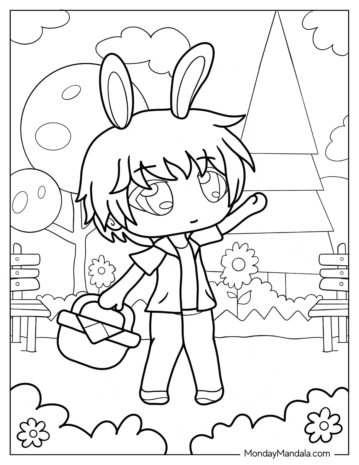 Gacha Life Coloring Page Of Kawaii Boy With Bunny Ears Holding Basket coloring page — printable line art
