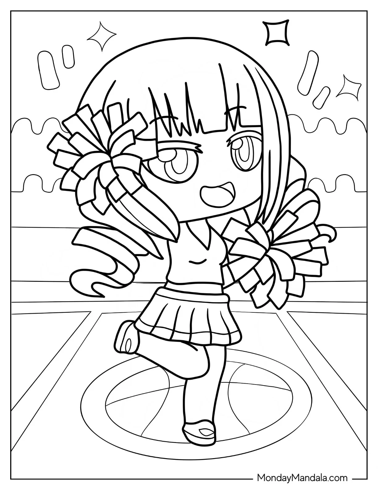 Gacha Life Coloring Page Of Kawaii Cheerleader With Pom Poms coloring page — printable line art