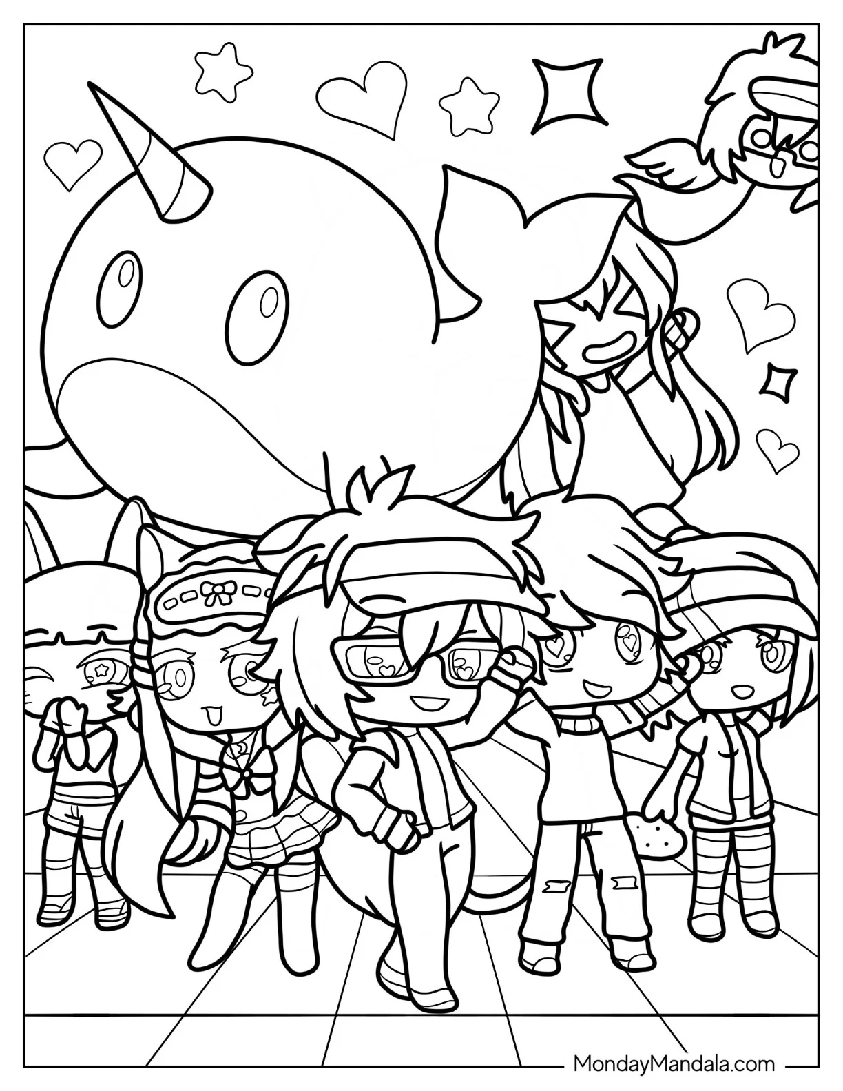 Gacha Life Coloring Page Of Luni, Lado, Senpaibuns, Male Buns, And Charlotte Mei coloring page