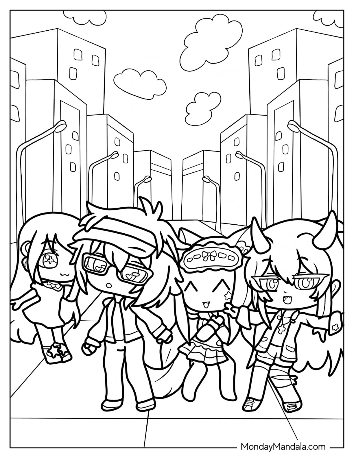 Gacha Life Coloring Page Of Luni, RosyClozy, Senpaibuns, And Milyie coloring page