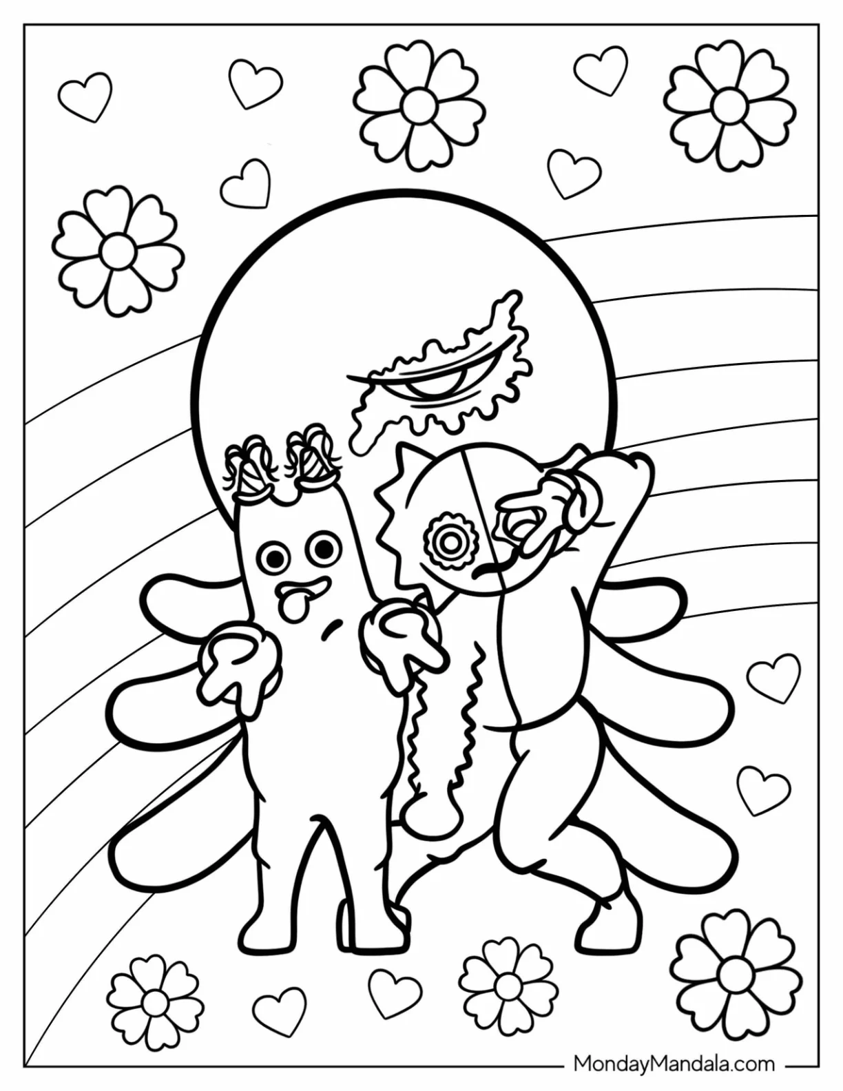 Garten of Banban Coloring Page Of SmileyGiggles, And Stinger Flynn With Rainbow coloring page