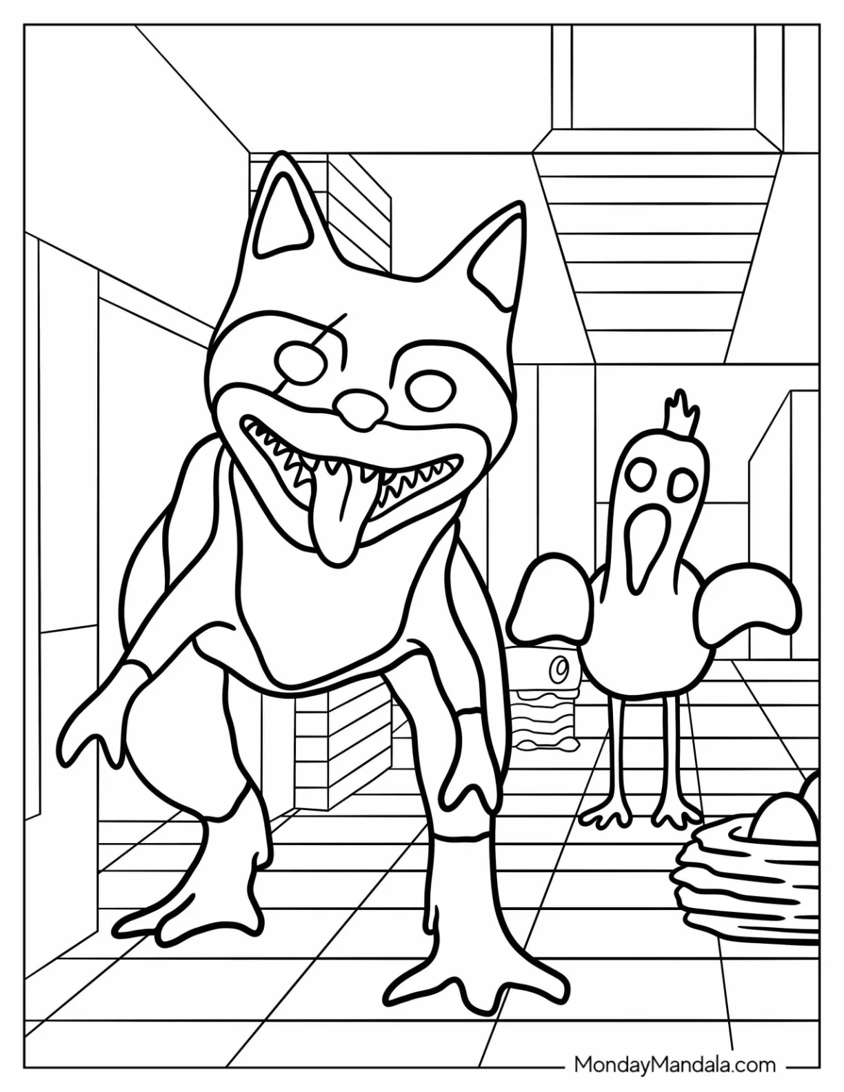 Garten of Banban Coloring Page Scary Kittysaurus With Opila Bird coloring page