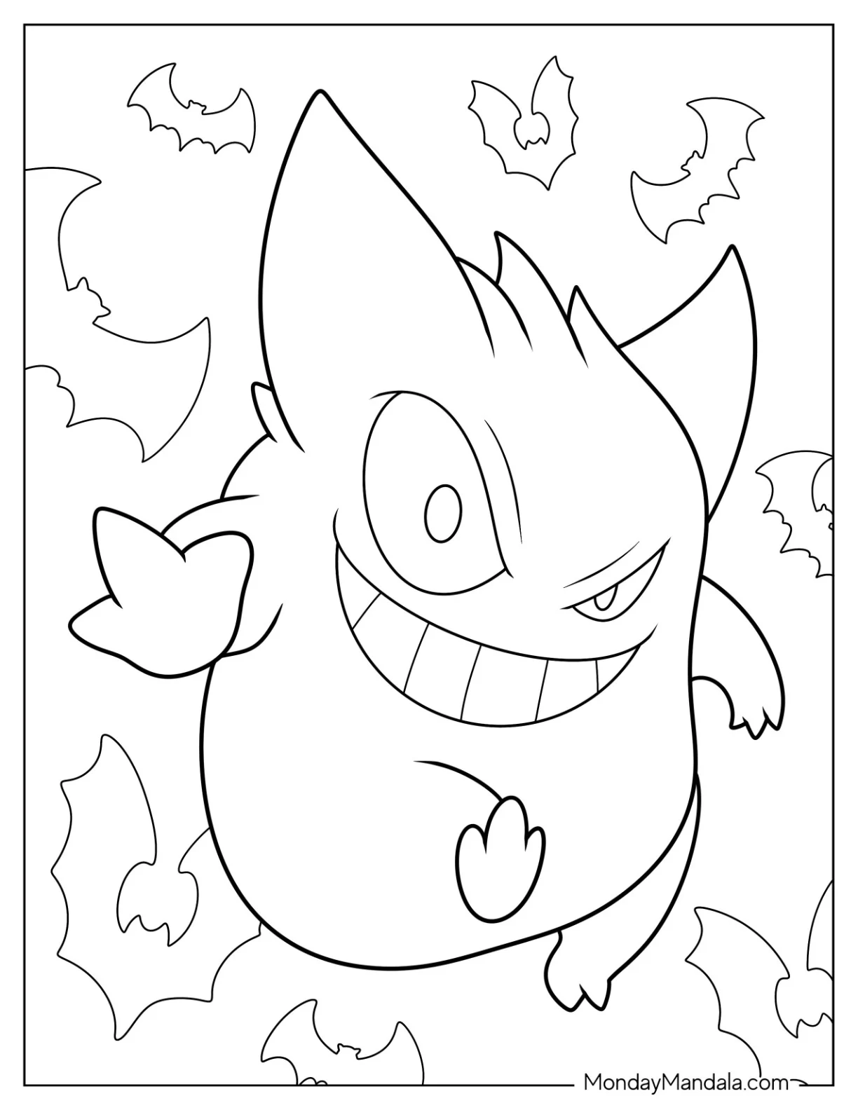 Creepy Gengar Coloring Page With Bats Halloween coloring page