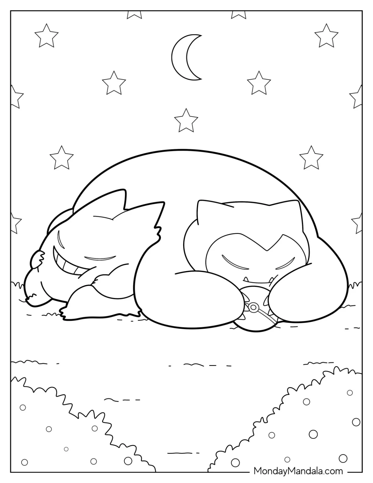 Easy Outline Of Gengar Coloring Page And Snorlax Sleeping For Kids coloring page