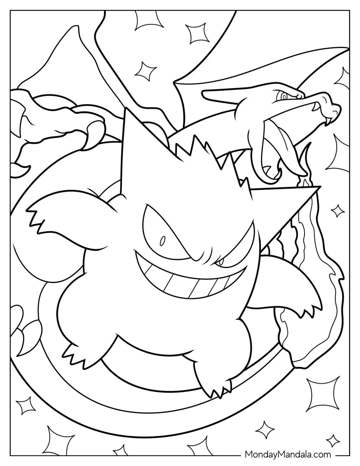 Gengar Coloring Page Fighting Alongside Charizard coloring page