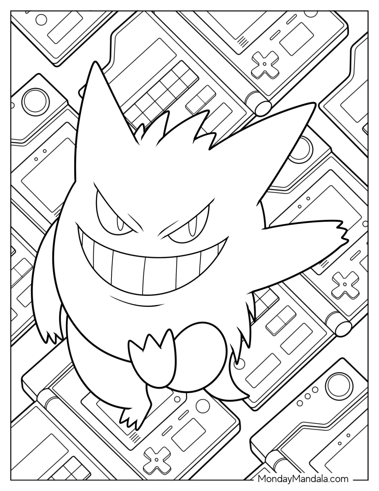 Gengar Coloring Page Smiling With Game Boy In Background coloring page