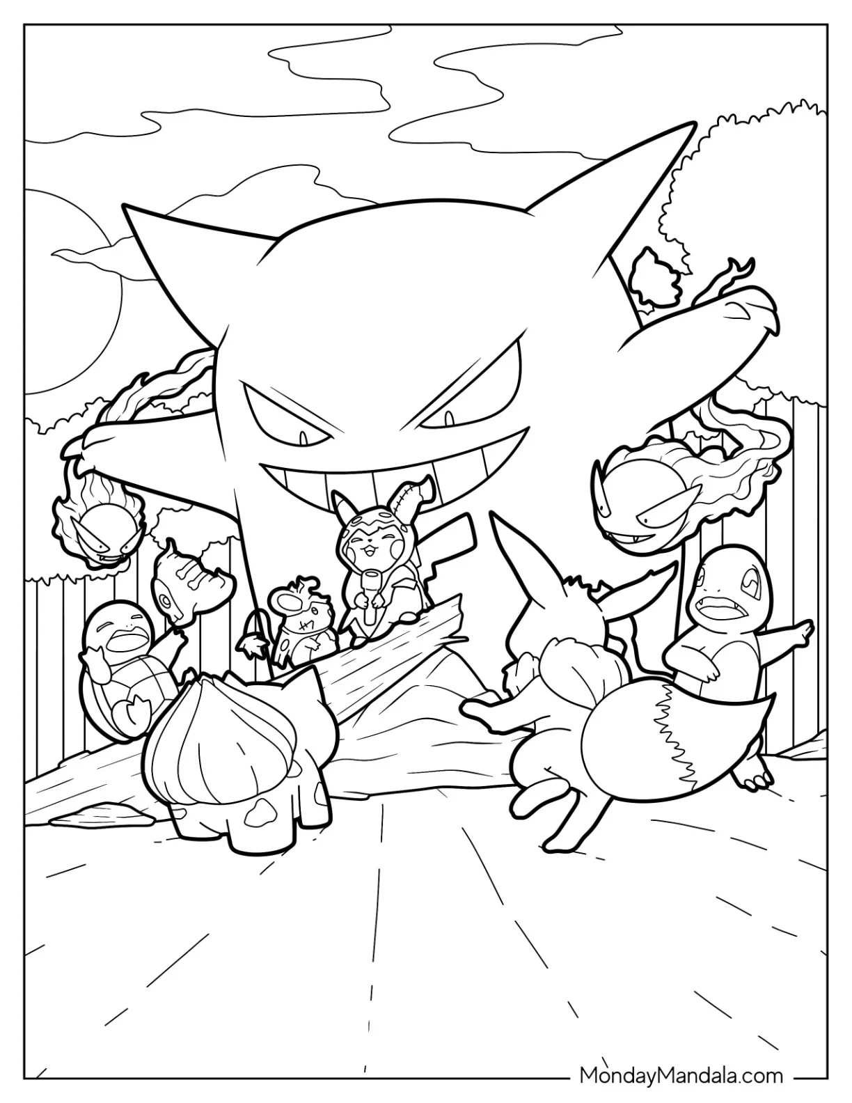 Giant Gengar Coloring Page With Charmander, Eevee, Bulbasaur, Squirtle, And Pikachu coloring page