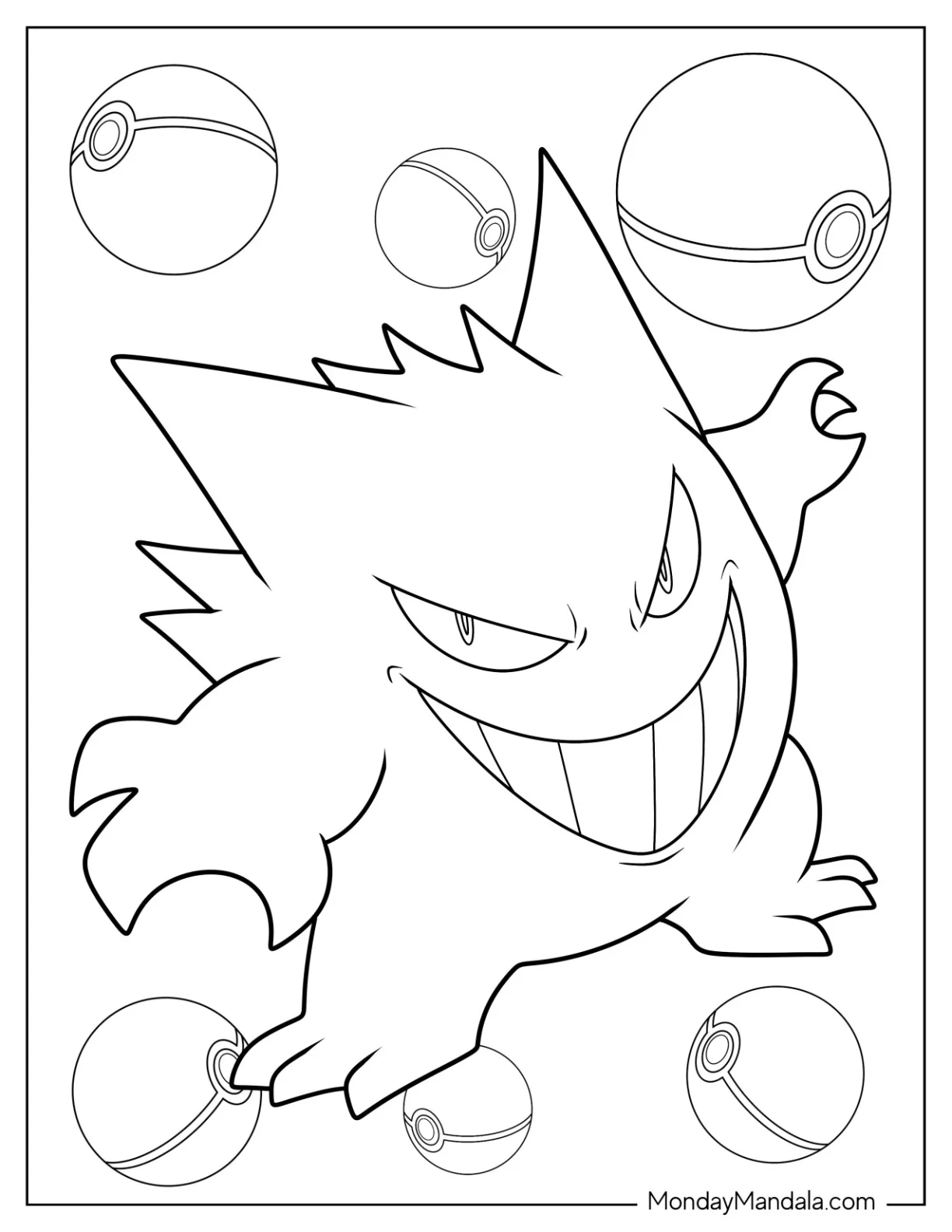 Grinnning Gengar Coloring Page With Pokeballs coloring page