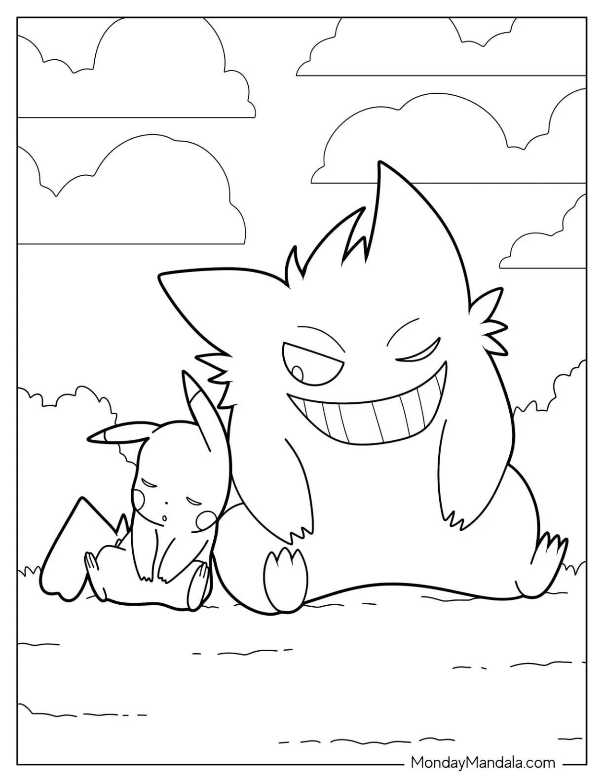 Pikachu Sleeping Beside Gengar Coloring Page coloring page