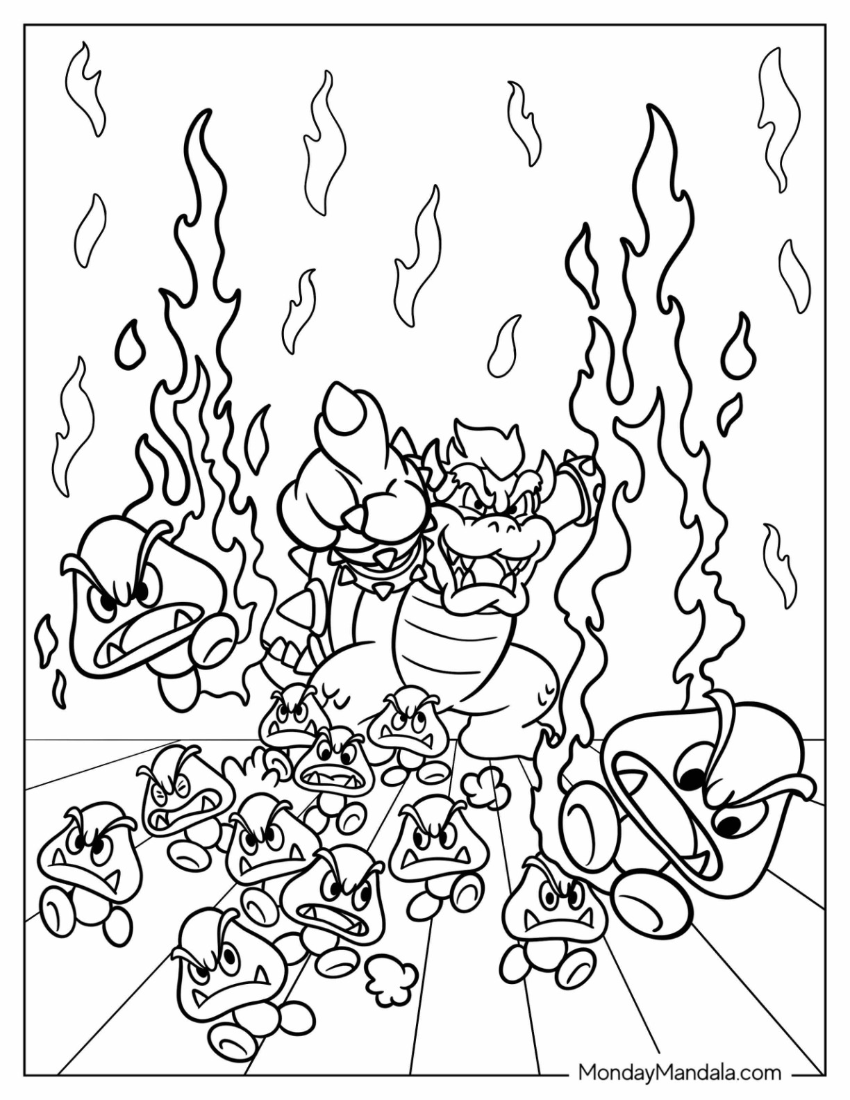 Bowser Releasing Army Of Goomba Coloring Page coloring page — printable line art