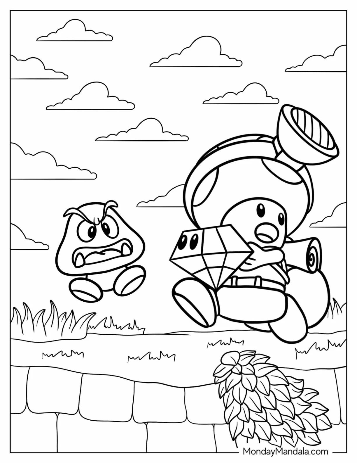 Goomba Coloring Page Chasing Toad With Diamond coloring page — printable line art